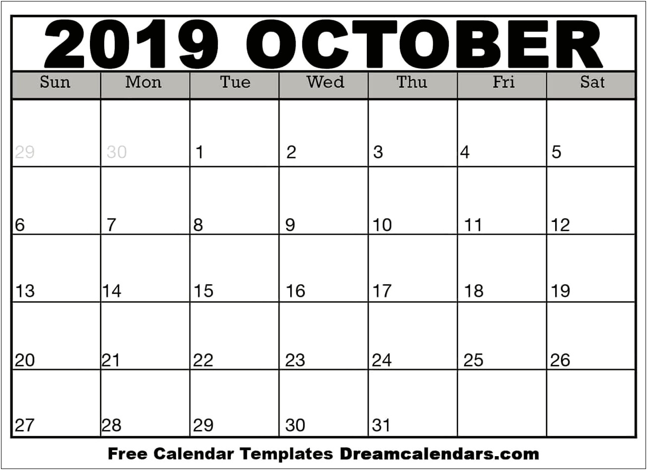 Calendar Pdf Template October 2019 Free Choose Font