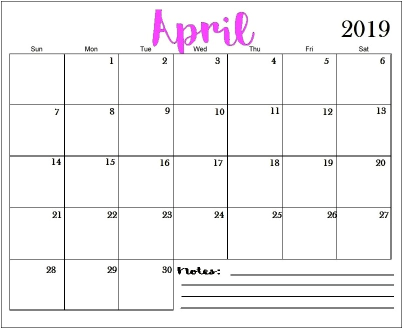 Calendar Schedule Free Template April 2019