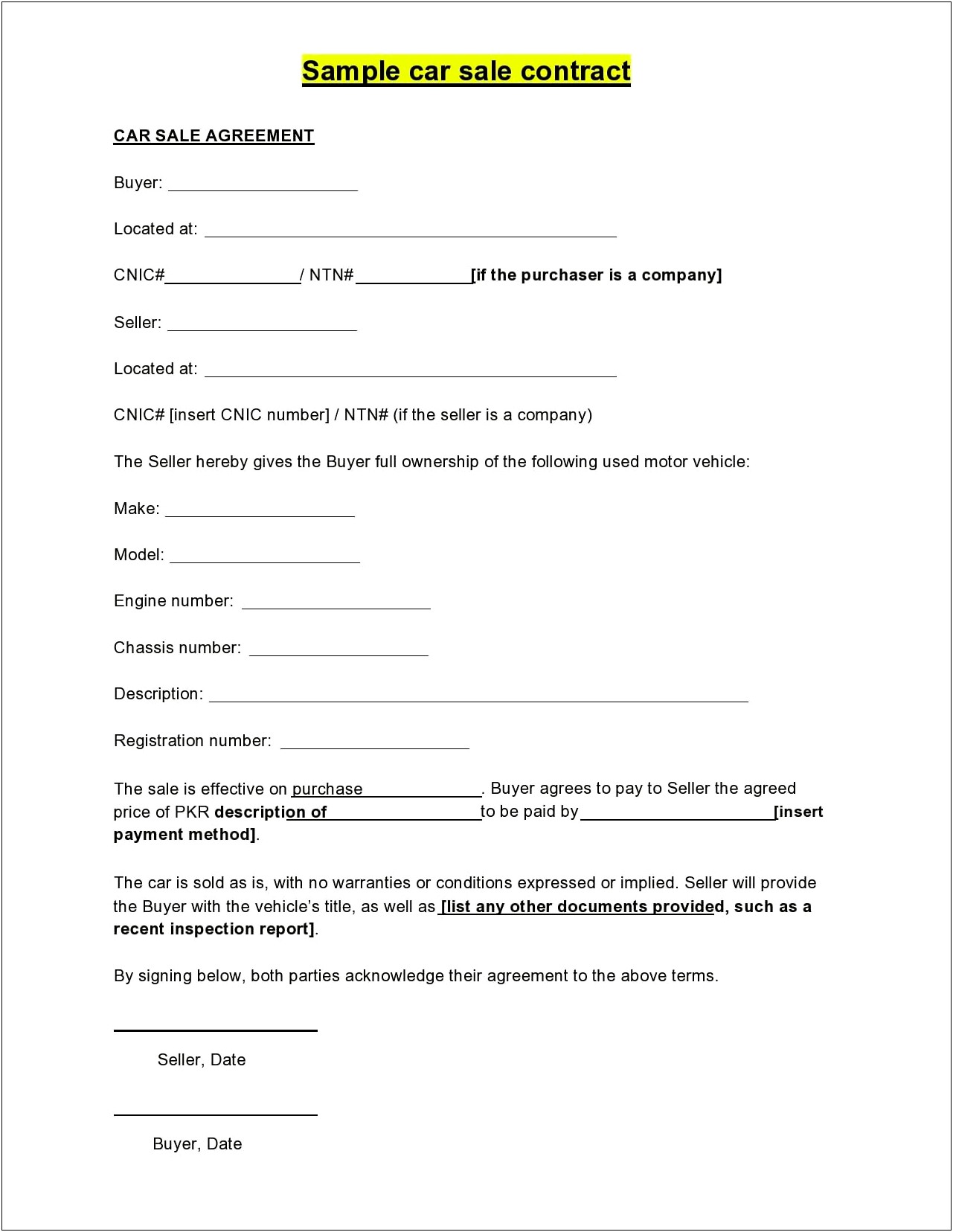 Car Selling Contract Template Free Download