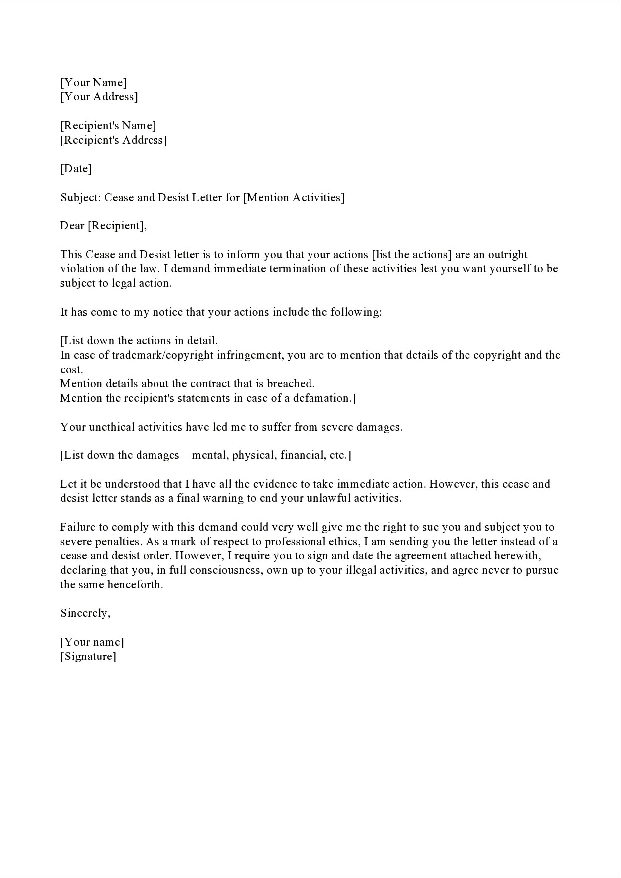Cease And Desist Letter Template Uk Free