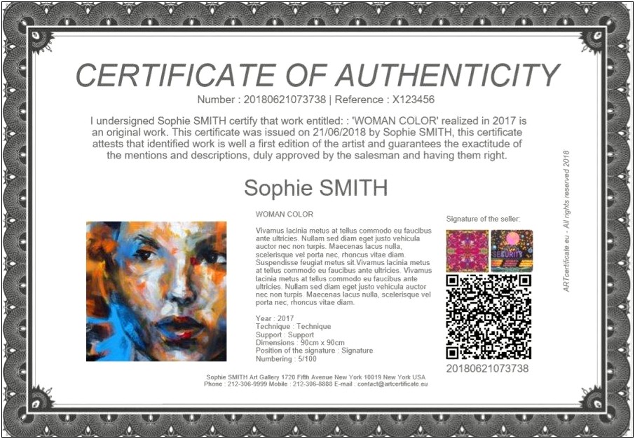 Certificate Of Authenticity Art Free Template