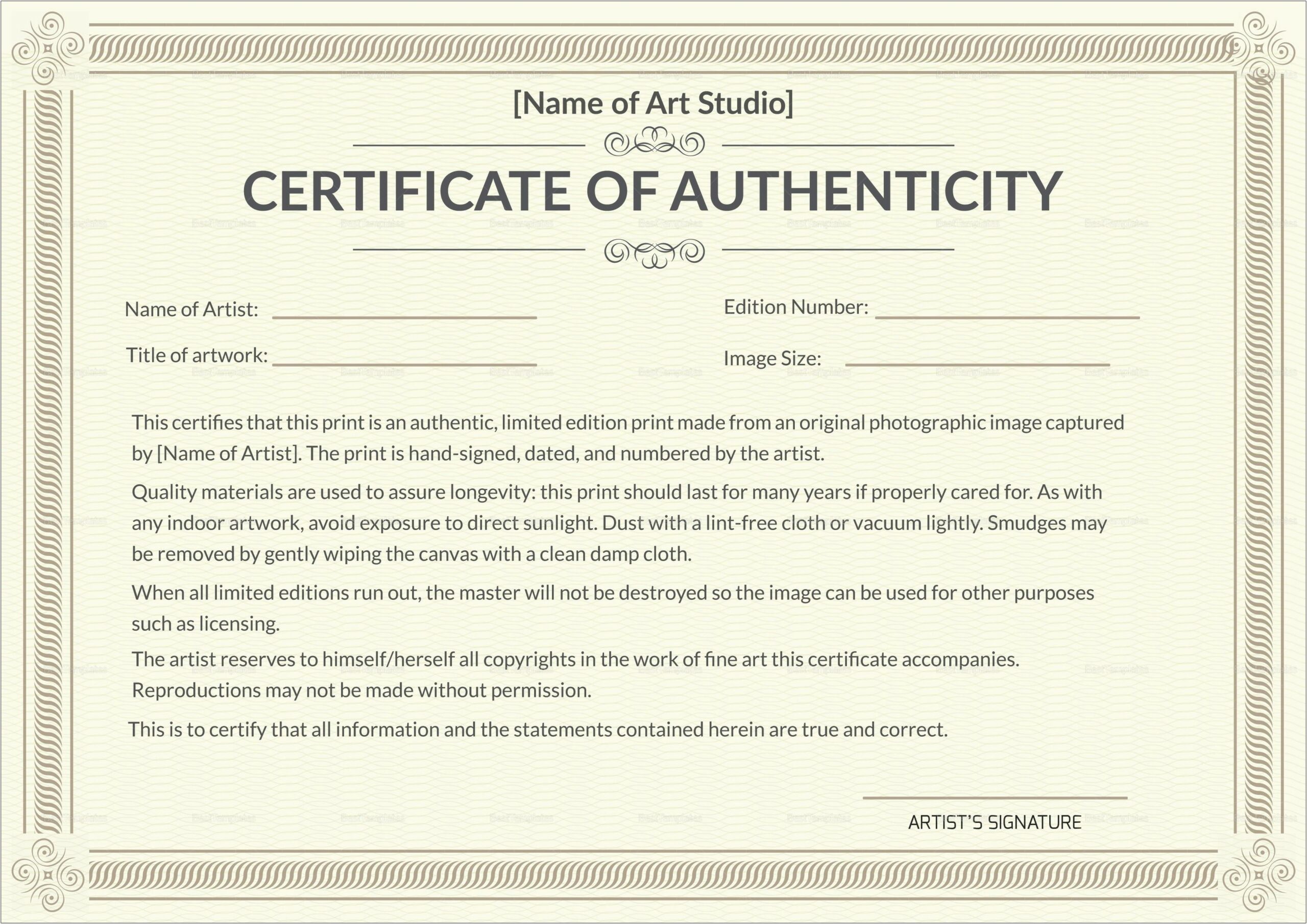 Certificate Of Authenticity Autograph Template Free