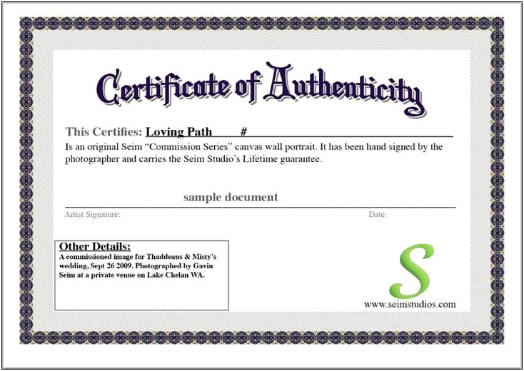 Certificate Of Authenticity Templates Free Printable