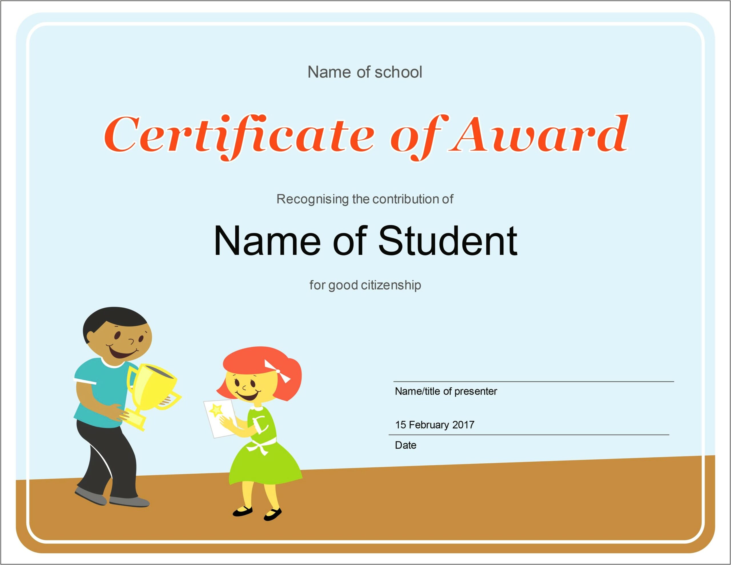 Certificate Of Award Children's Word Template Free