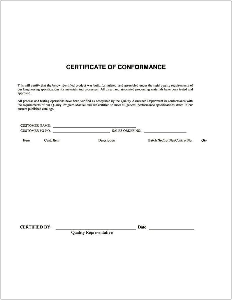 Certificate Of Conformity Template Free Download