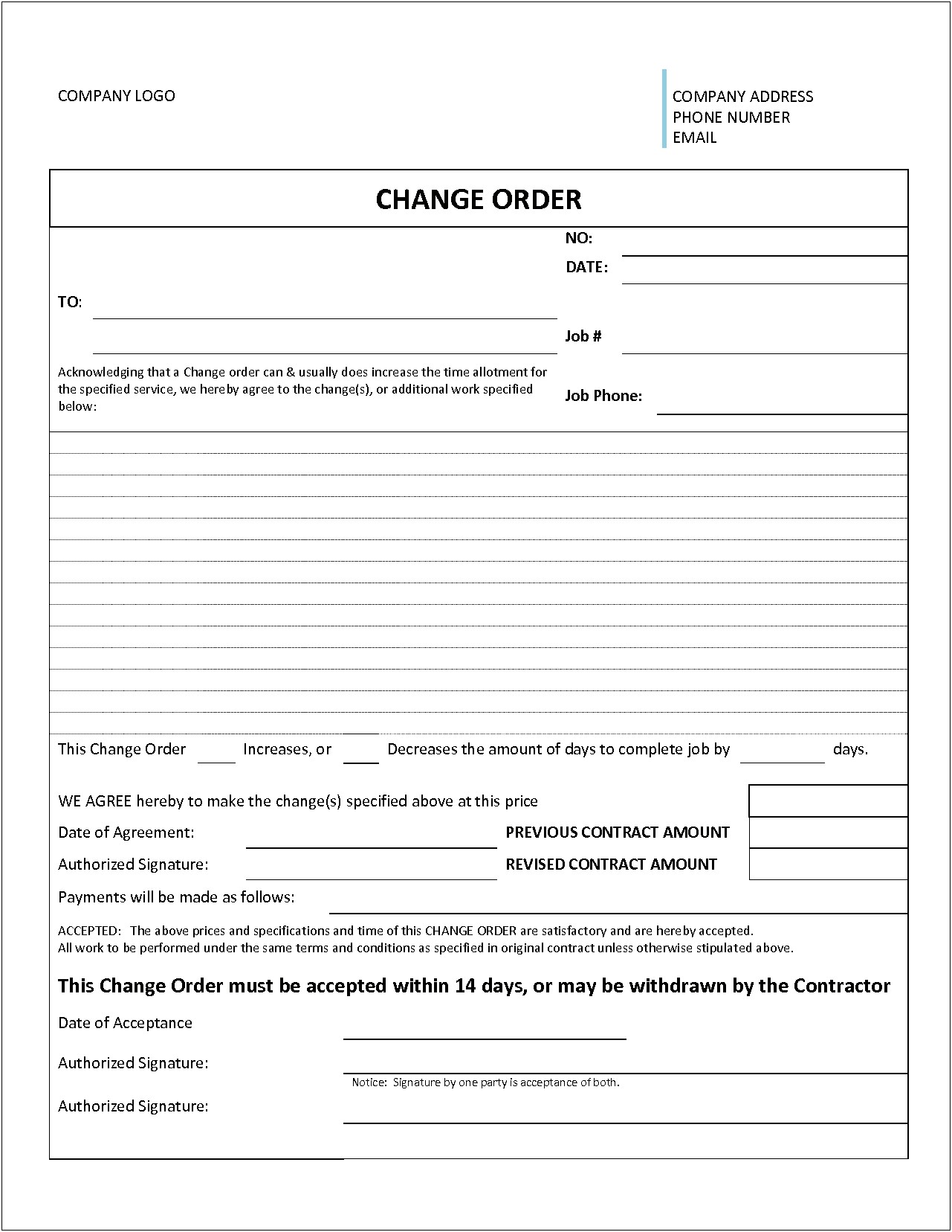 Change Order Form Word Template Free