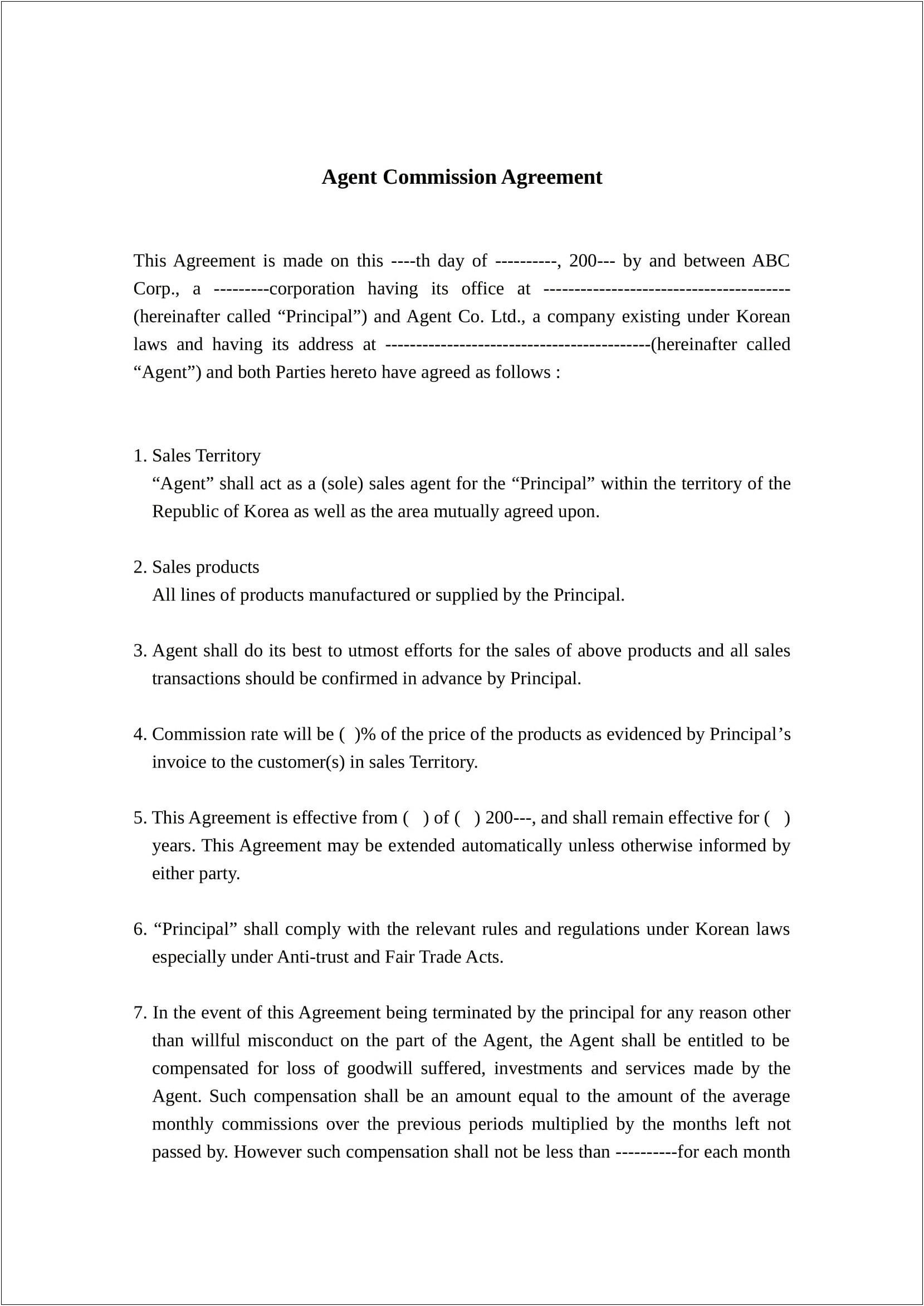 Commission Sales Agreement Template Free Download