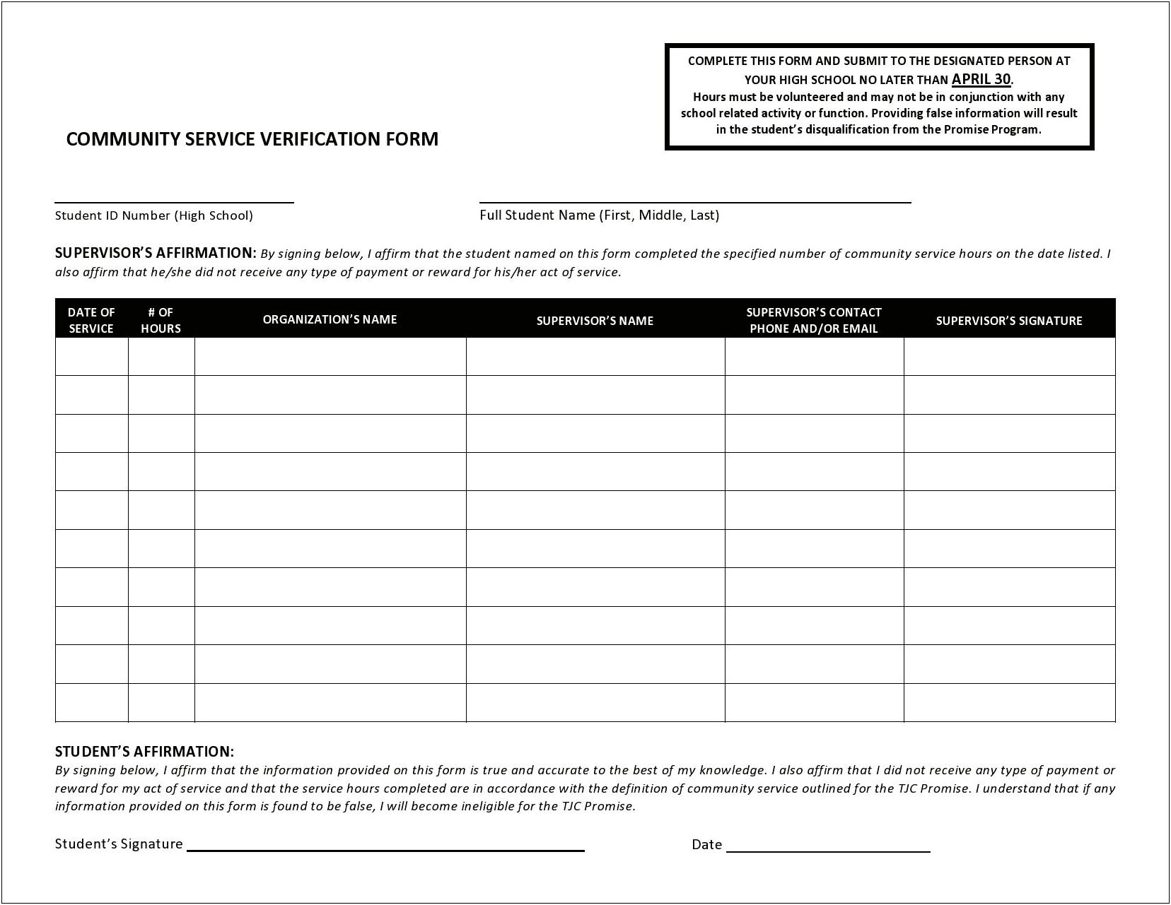 Community Service Form Template Printable Free