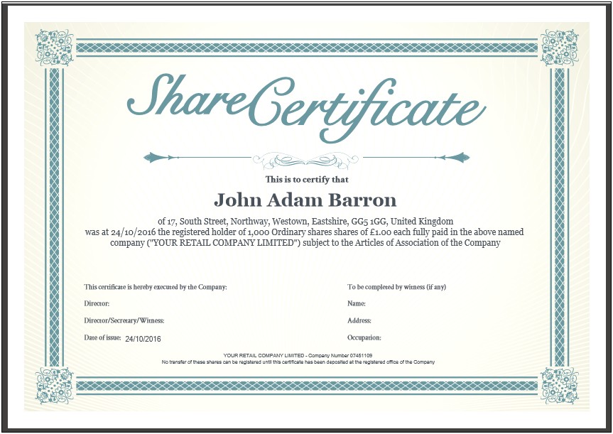 Company Share Certificate Template Free Download South Africa