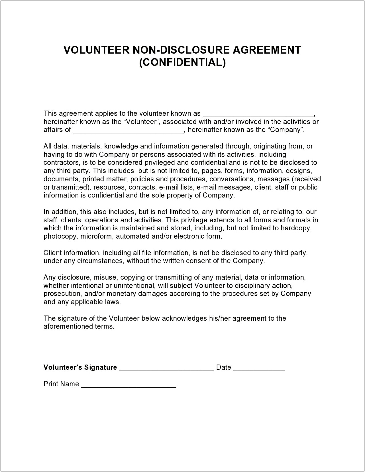 Confidentiality Agreement For Employees Template Free