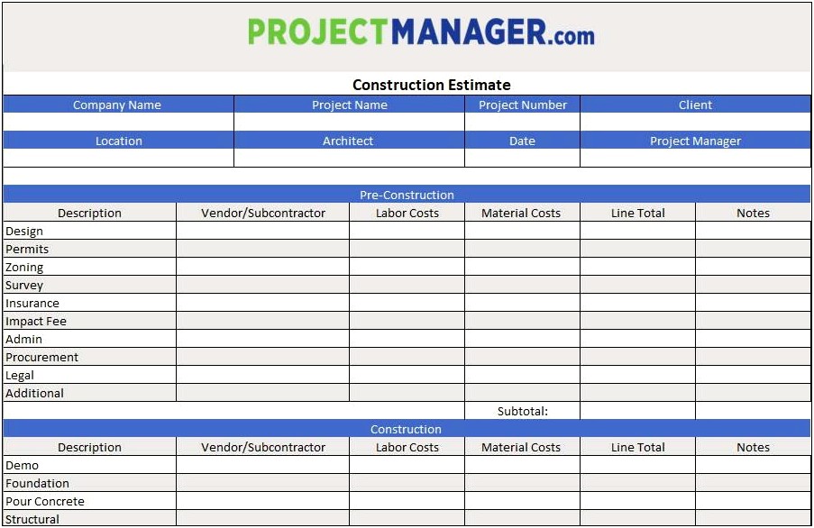 Construction Project Management Templates Excel Free