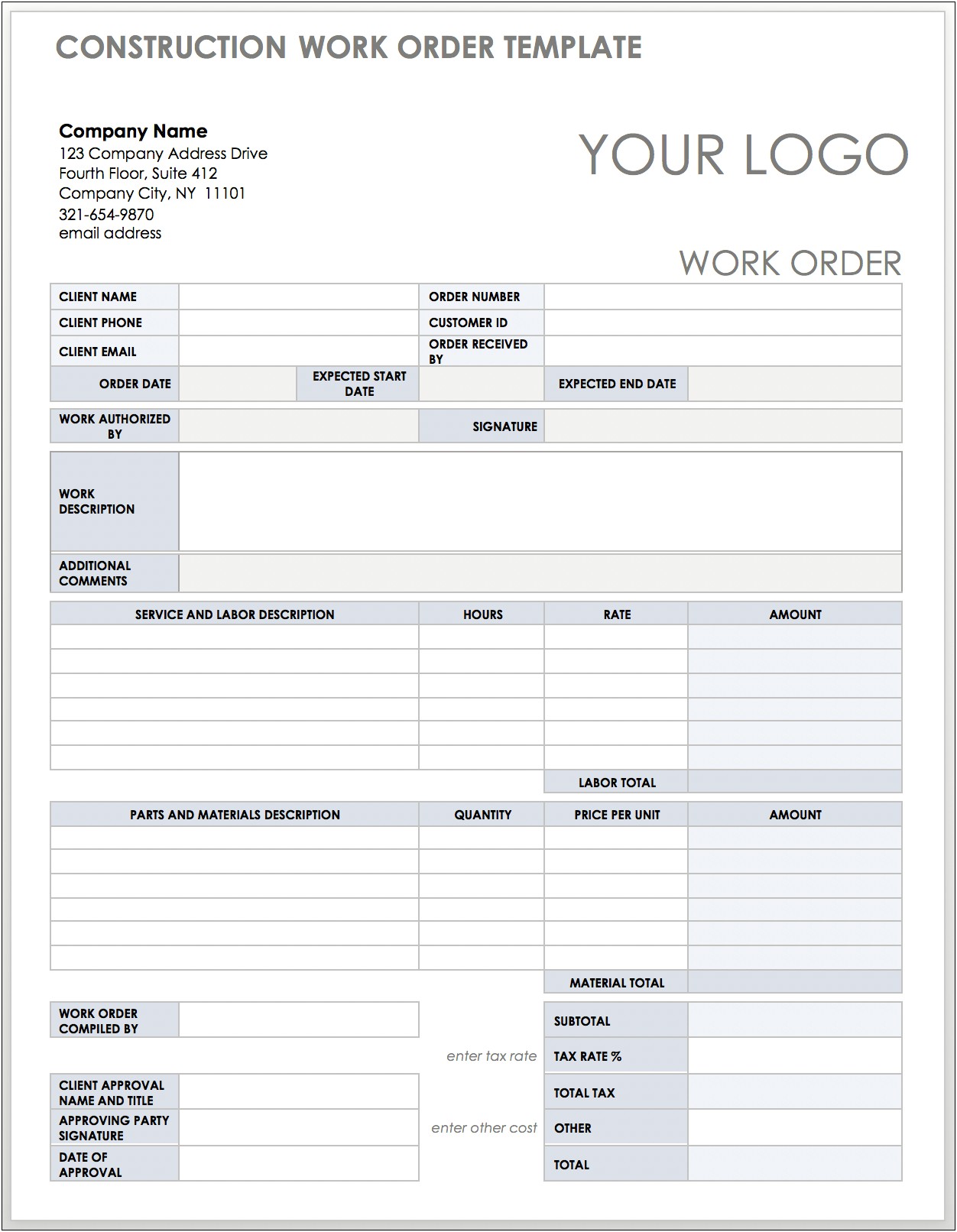 Construction Work Order Template Pdf Free