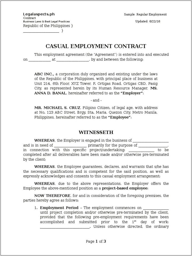 Contract Of Casual Employment Template Free