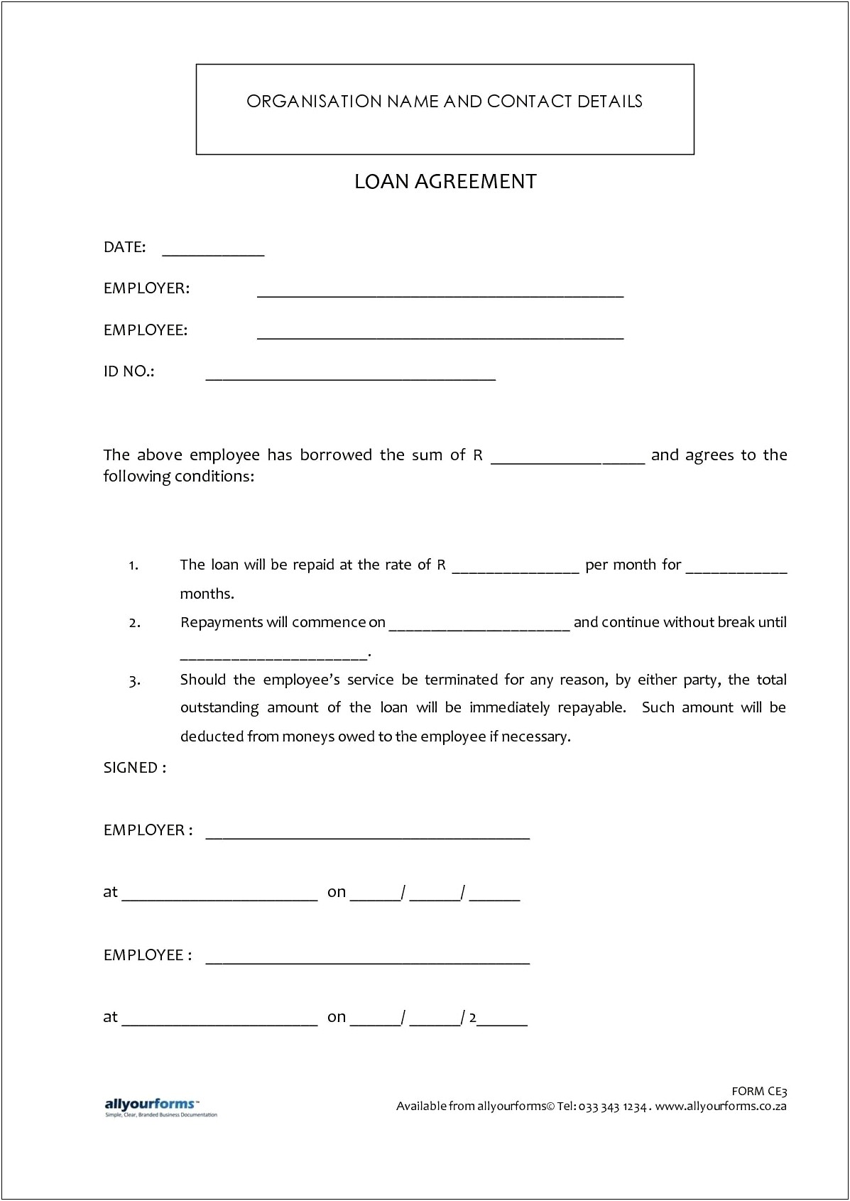 Contract To Loan Money Template Free