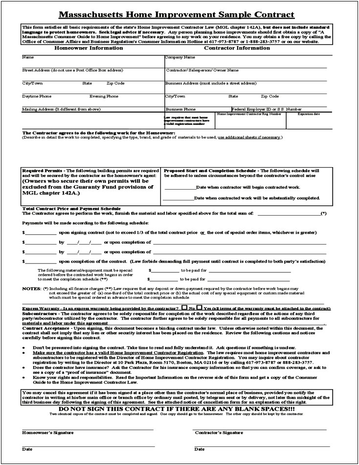 Contract With Contractor For Home Improvement Template Free