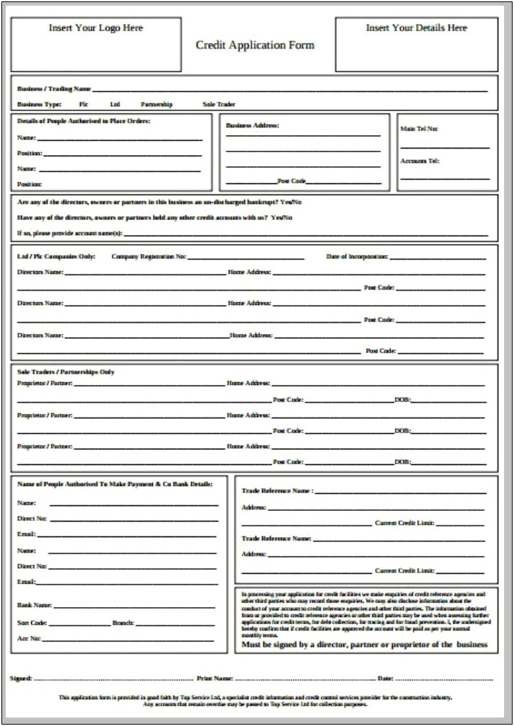 Credit Account Application Form Template Free