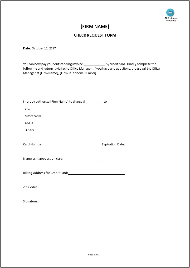 Credit Card Authorization Form Template Free Excel