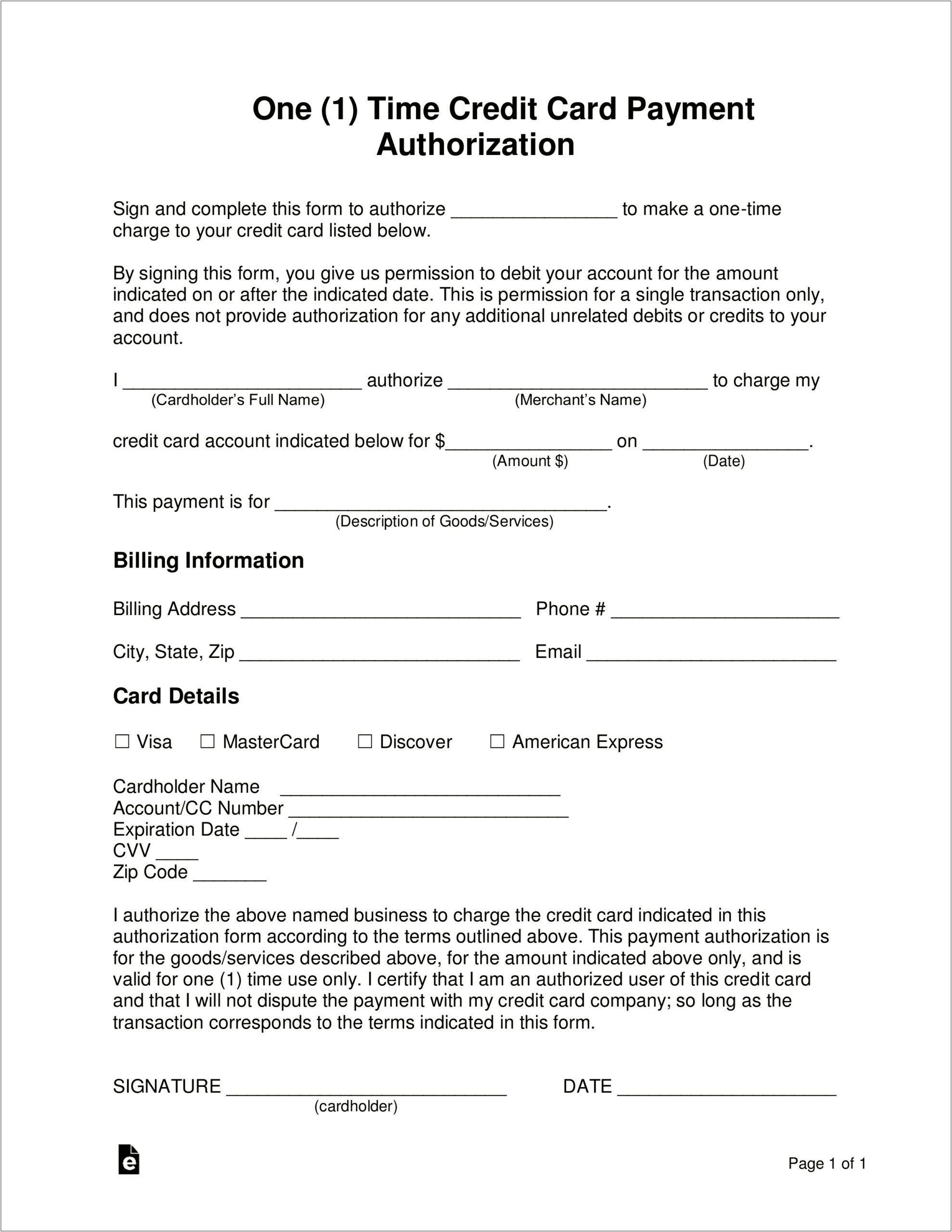 Credit Card Authorization Form Template Free Word