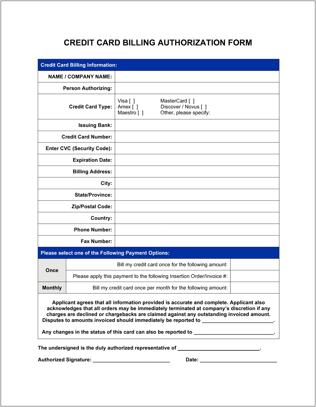 Credit Card Billing Authorization Form Template Free