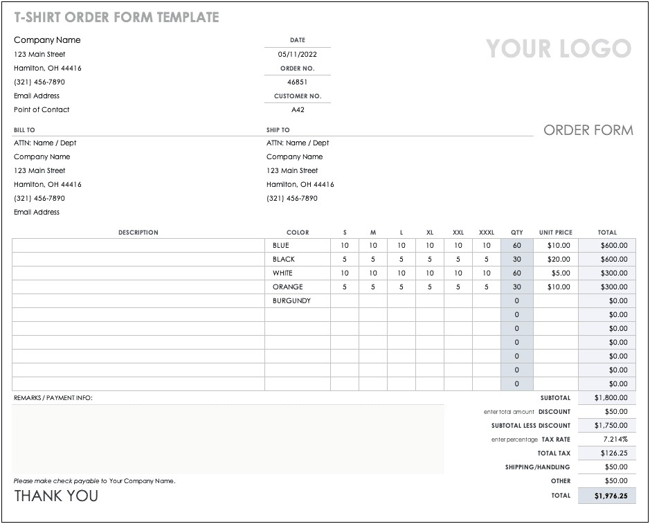 Custom Order Form Template Free For T Shirts