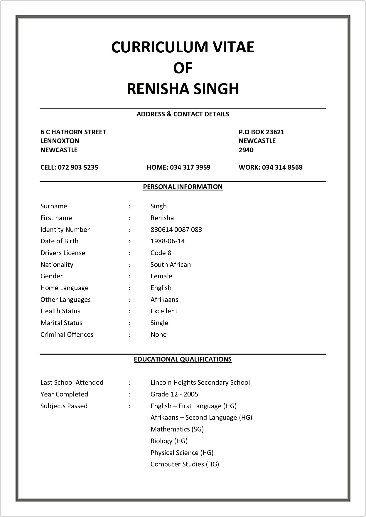 Cv Template Word Free Download South Africa