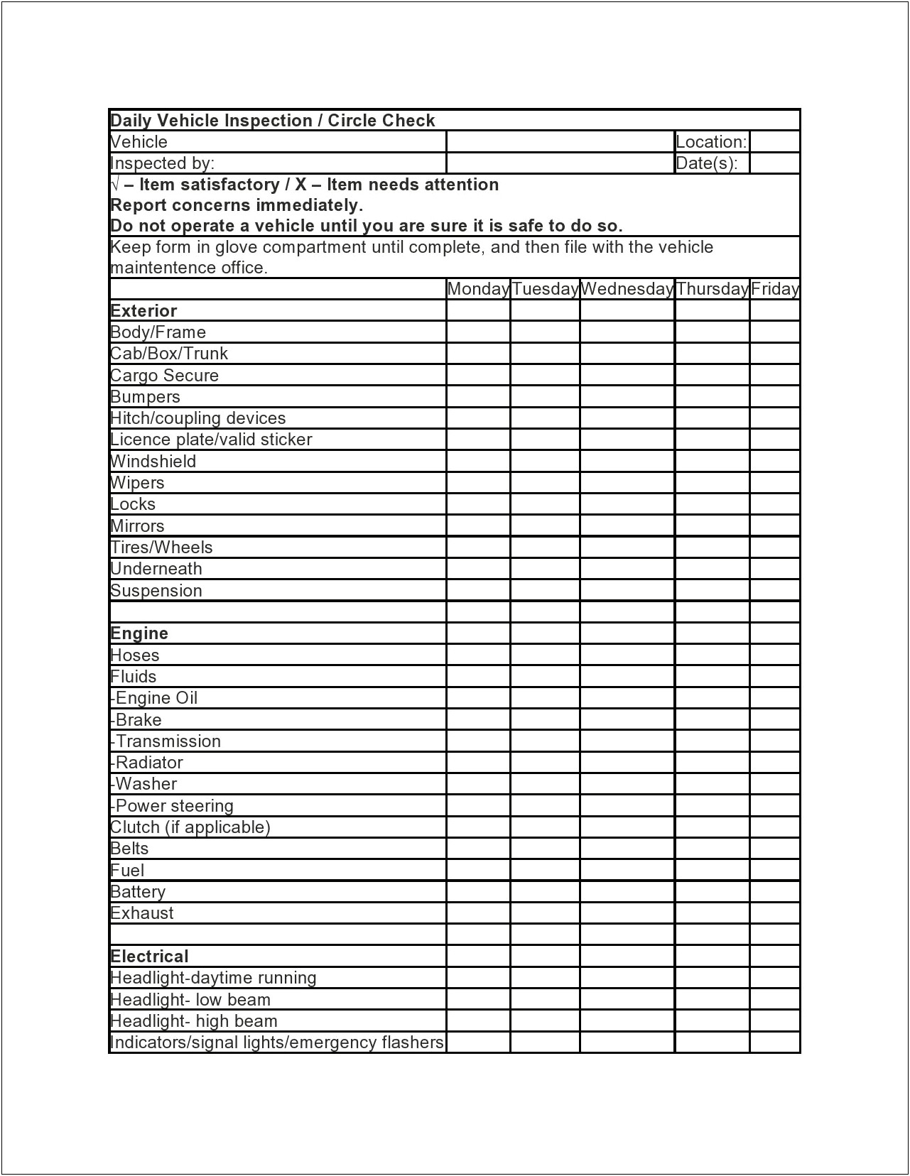 Daily Vehicle Inspection Checklist Template Free
