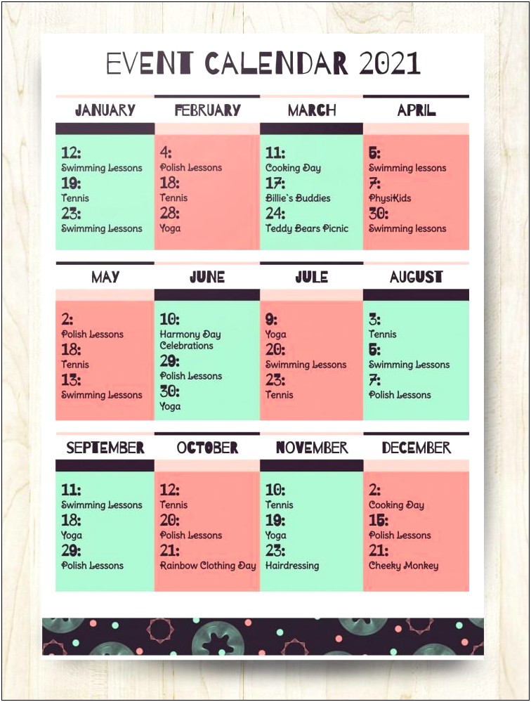 Day To Day Event Calendar Template Free