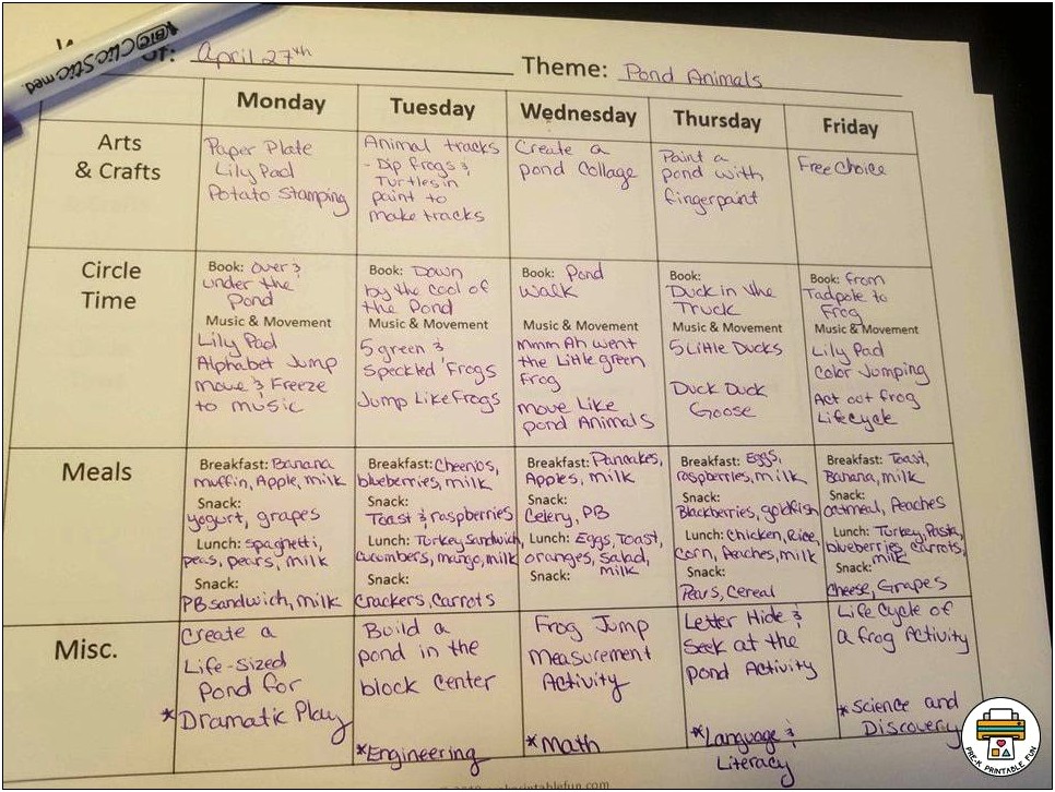 Daycare Weekly Lesson Plan Template Free