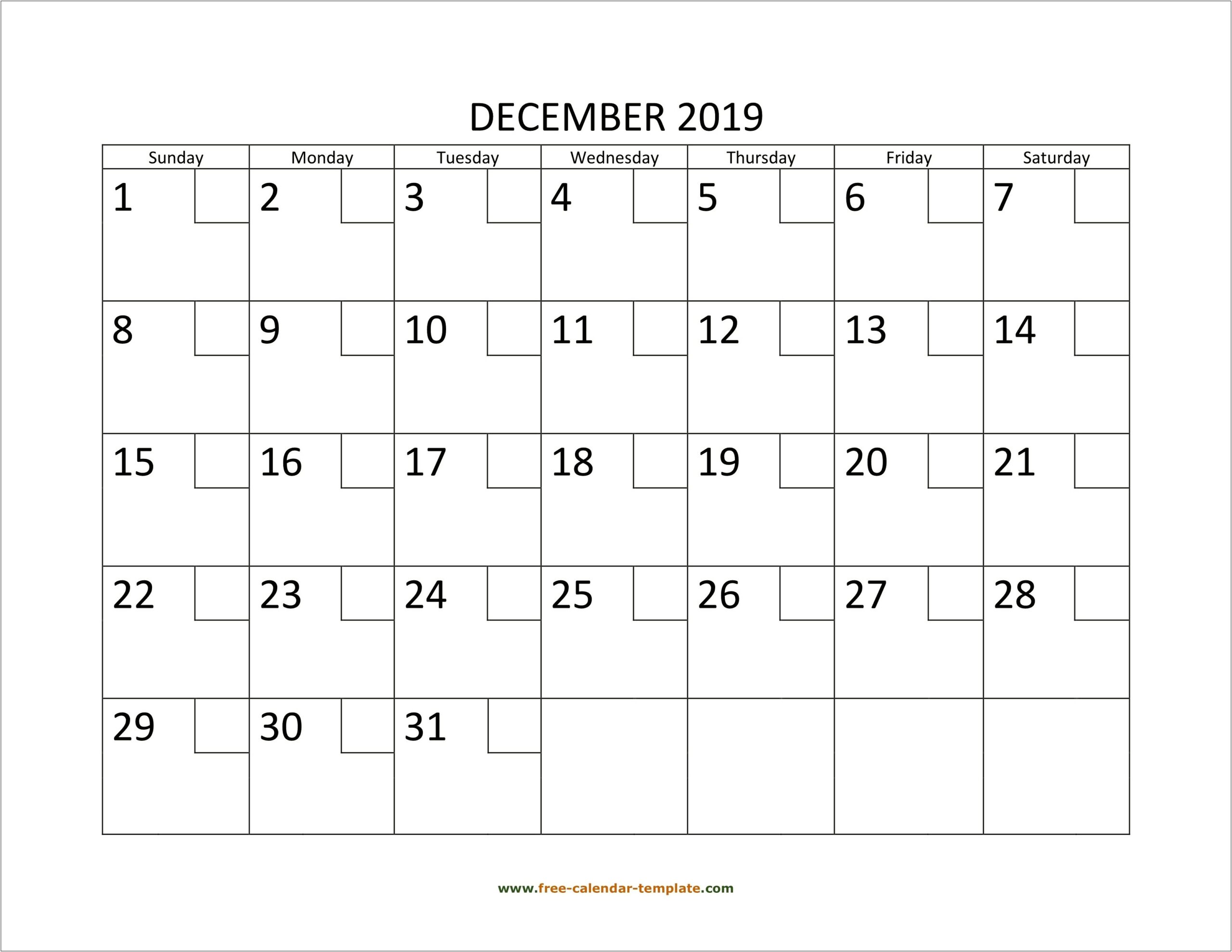 December 2019 Calendar Free Printable Template