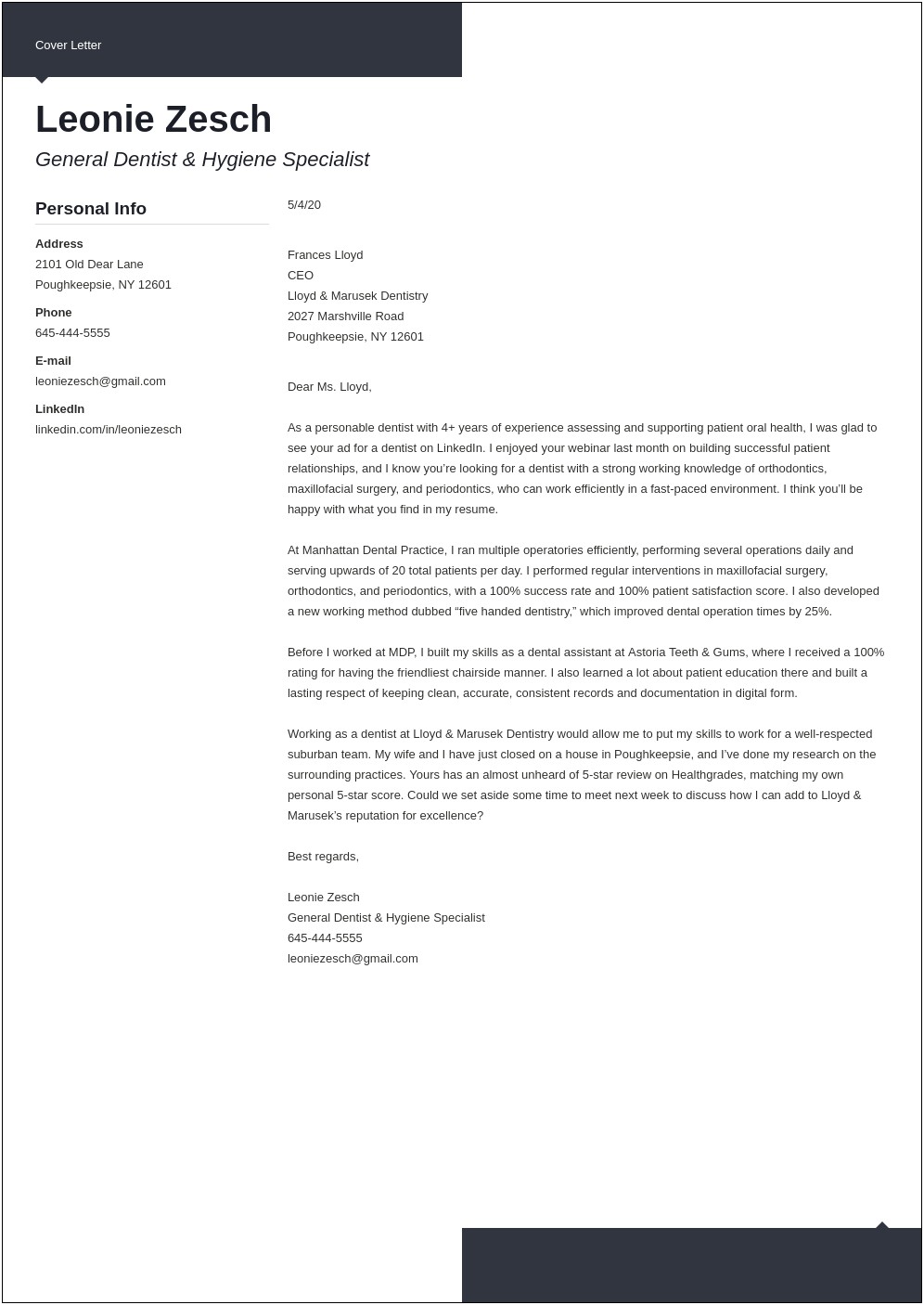 Dental Assistant Cover Letter Template Free