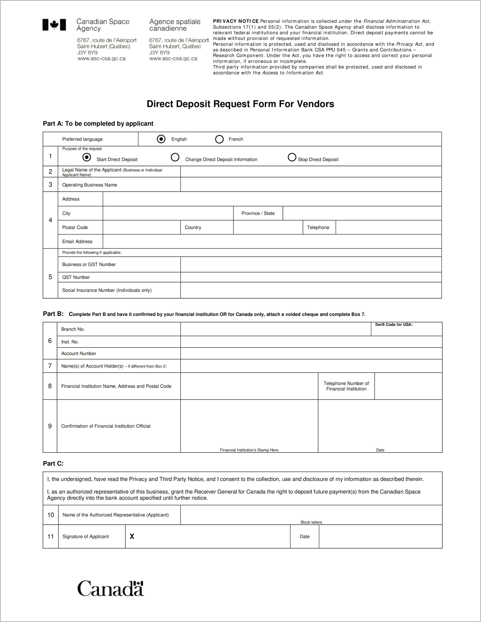 Direct Deposit Authorization Form Free Template