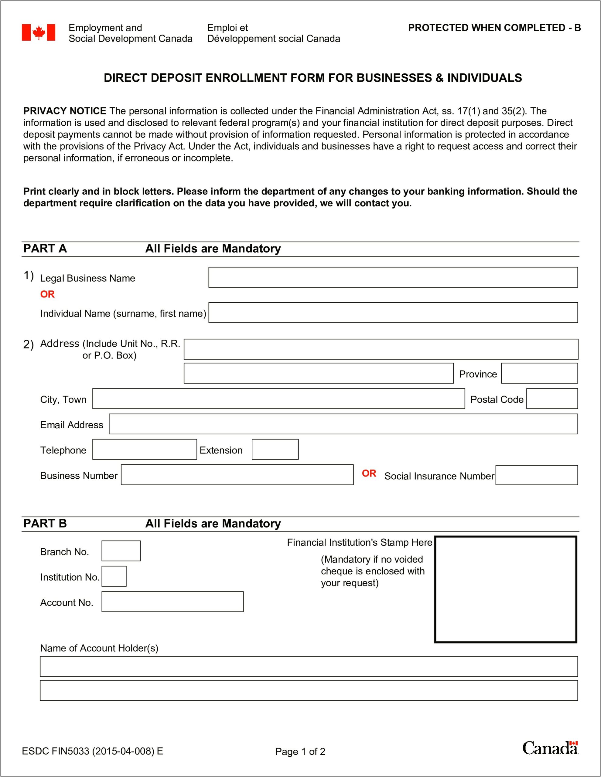 Direct Deposit Form Template Free Docx