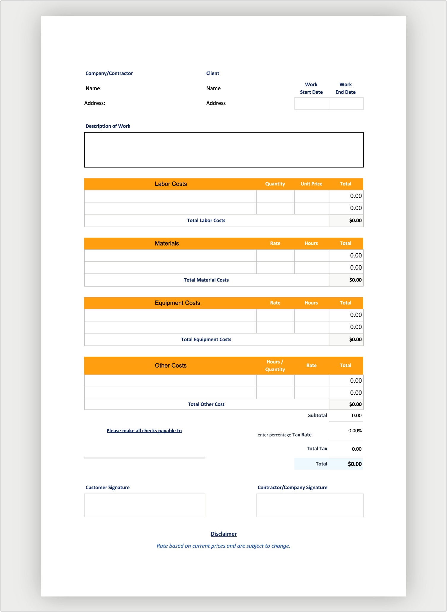 Document Template Free Printable Estimate Forms