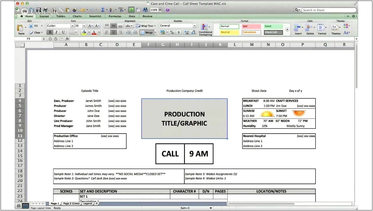 Download Call Sheet Template Excel Free
