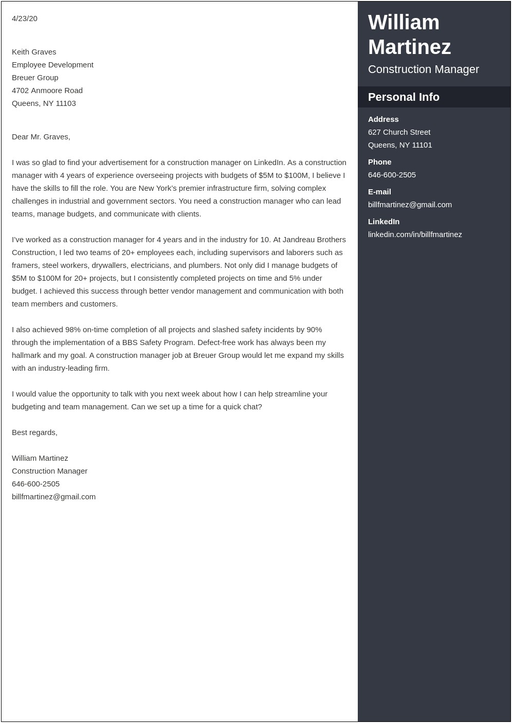 Download Free Construction Cover Letter Template