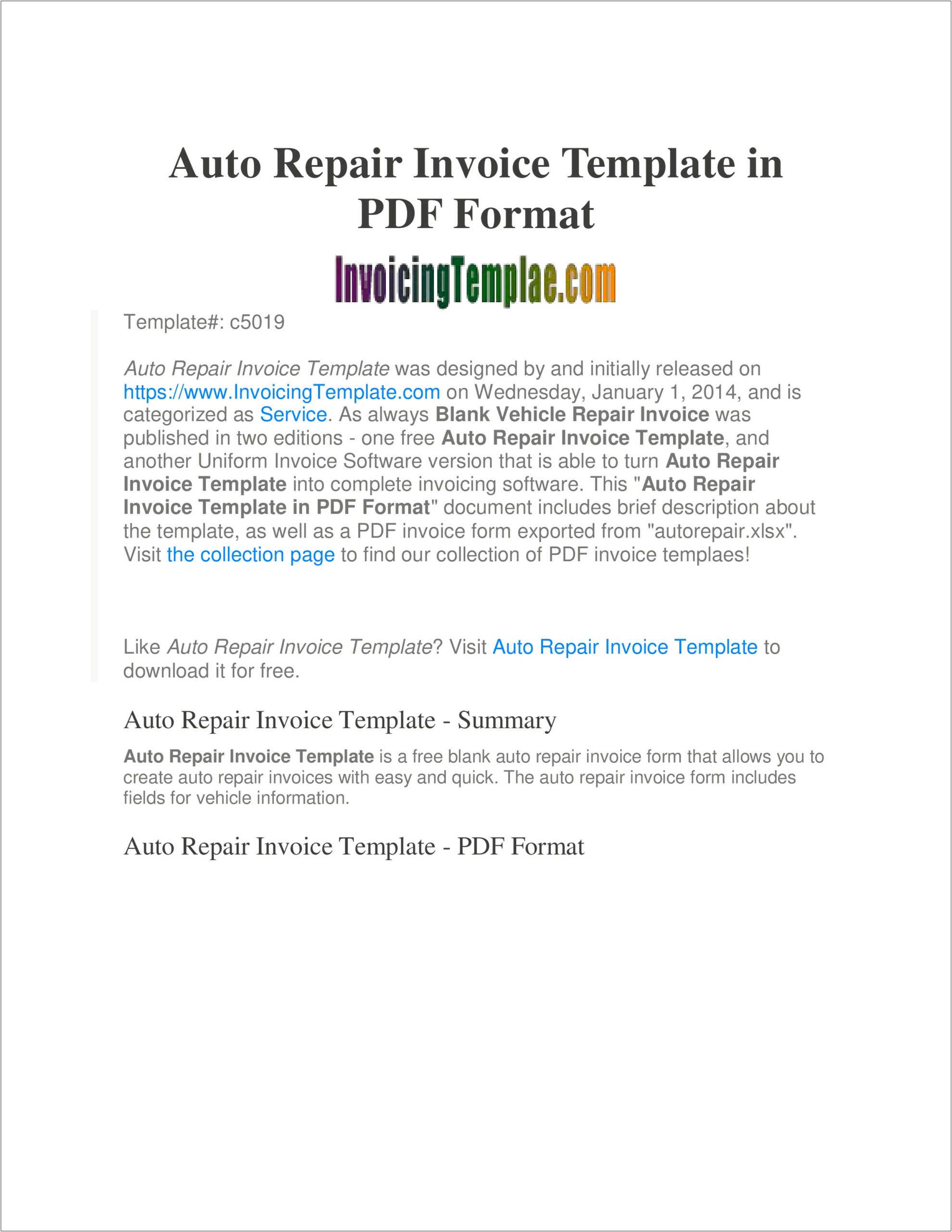 Downloadable Free Printable Auto Repair Invoice Template