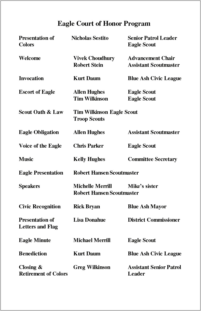 Eagle Court Of Honor Program Template Free