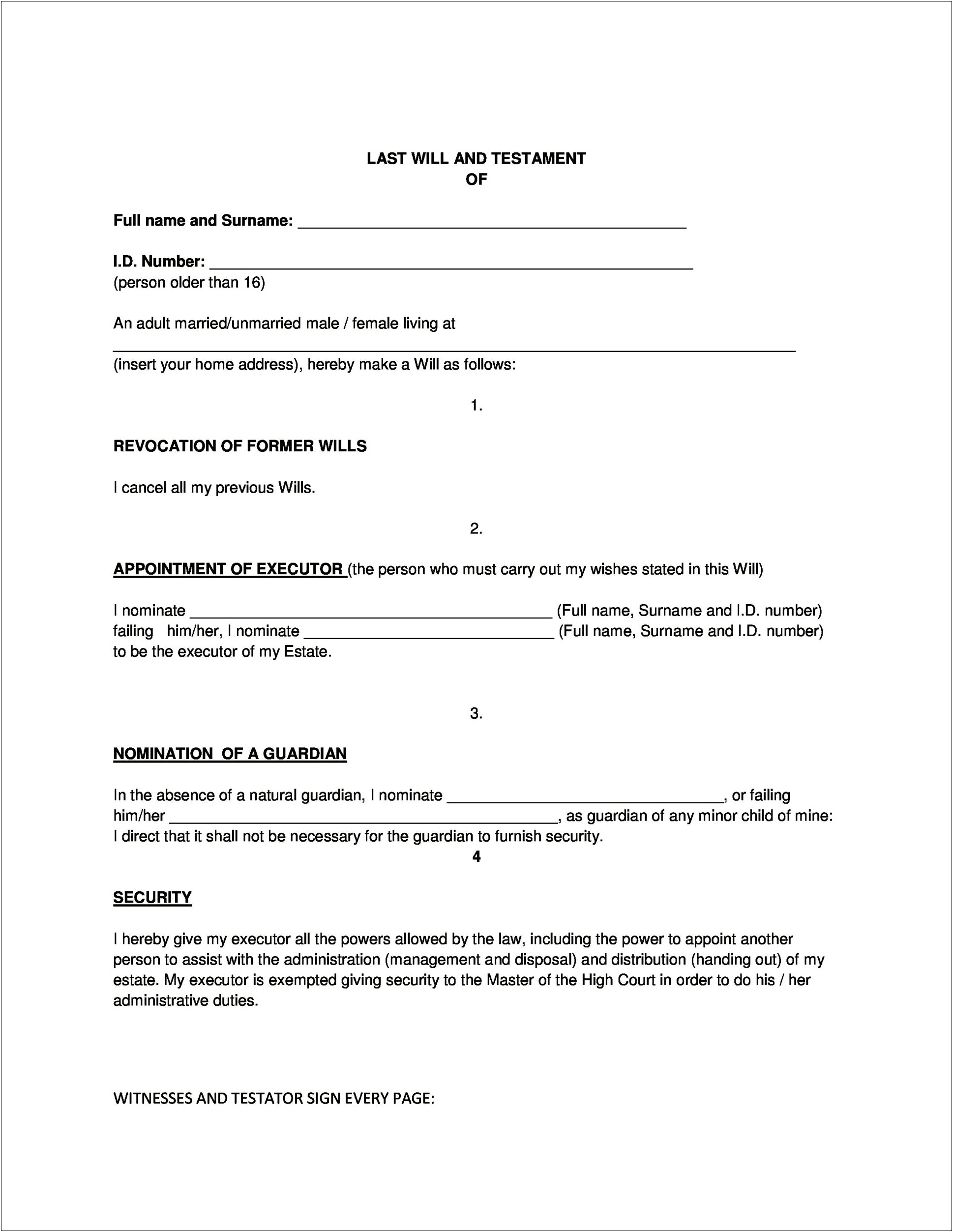 Easy Free Will And Testament Template