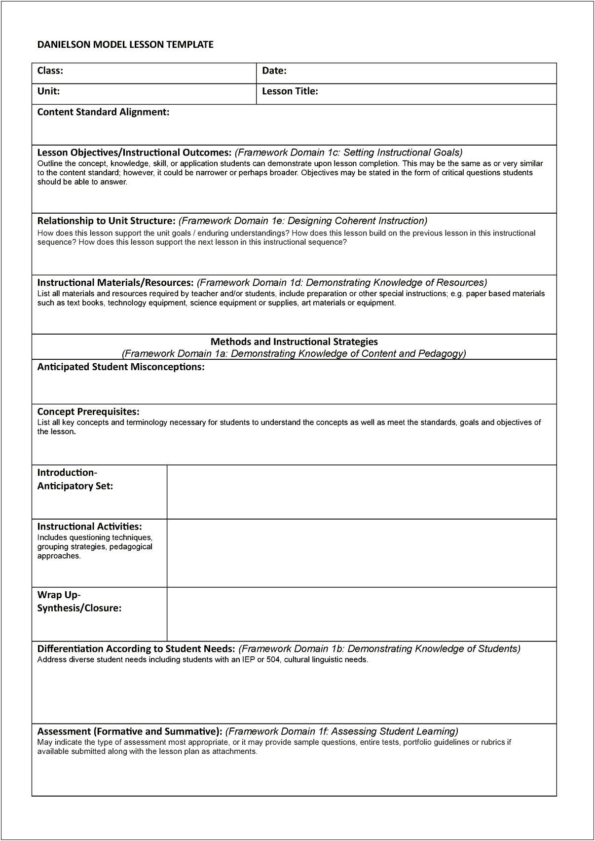 Easy Lesson Plan Template Free That Fits Danielson