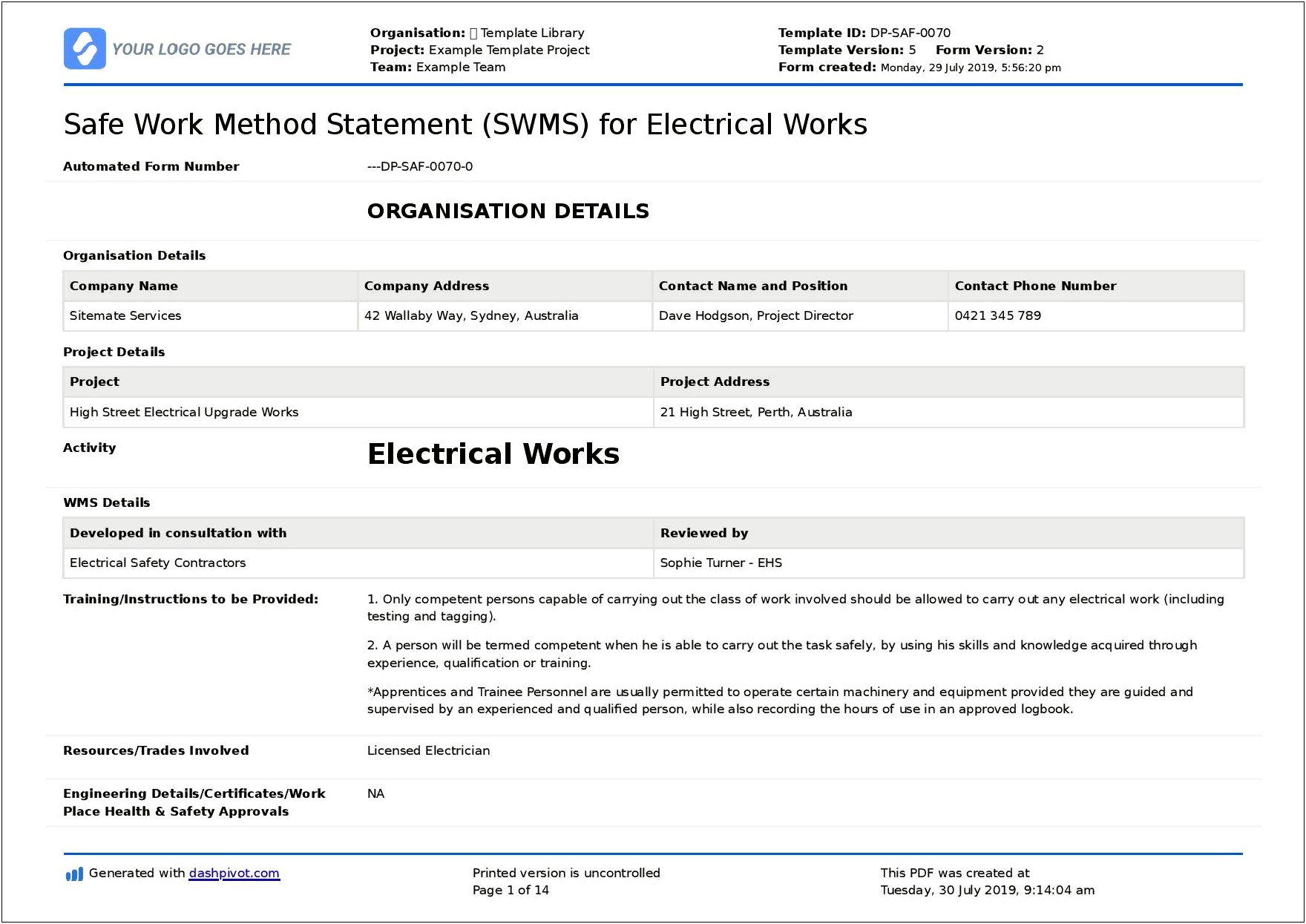 Electrical Method Statement Template Free Download