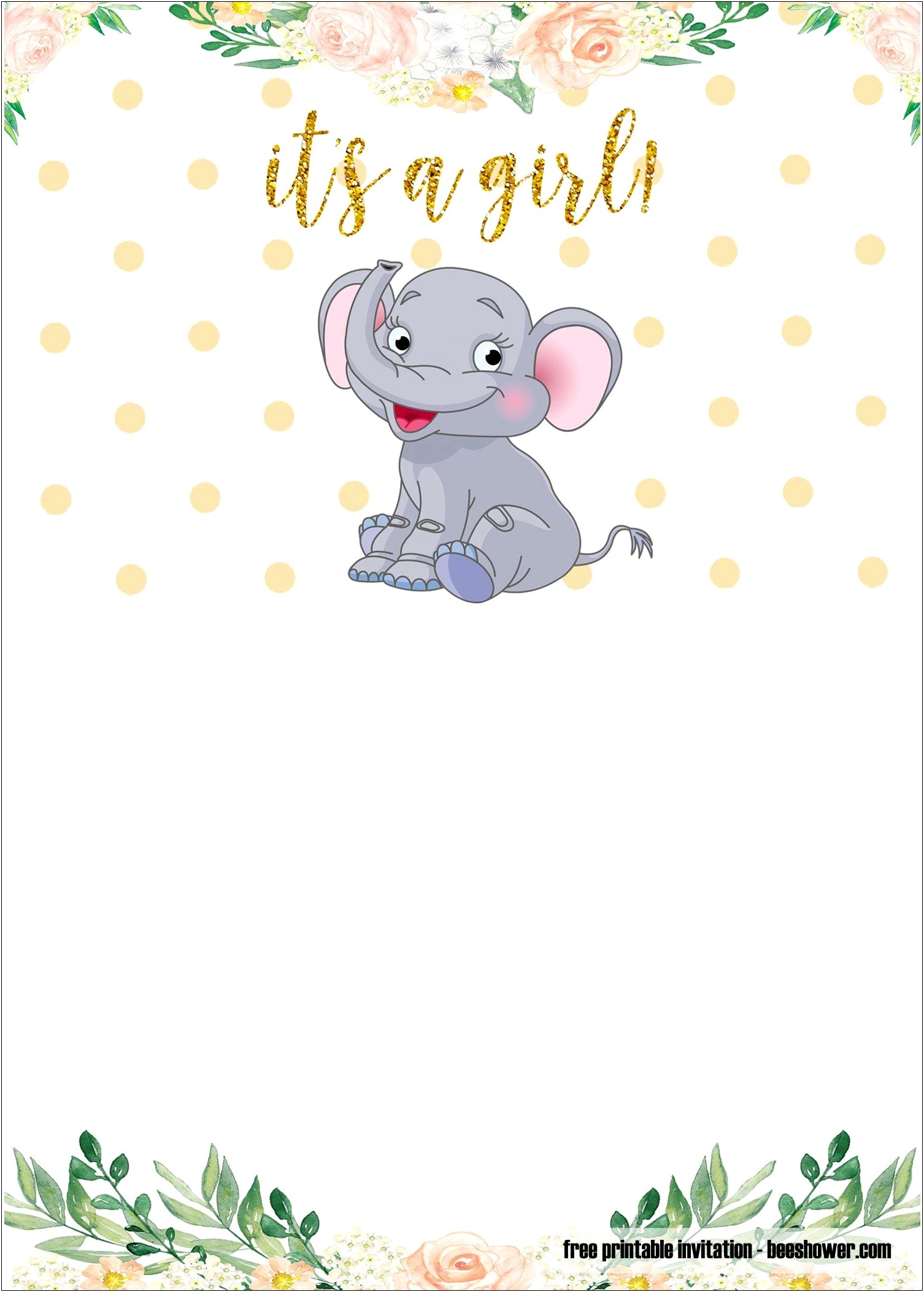 Elephant Baby Shower Girl Invitations Free Template