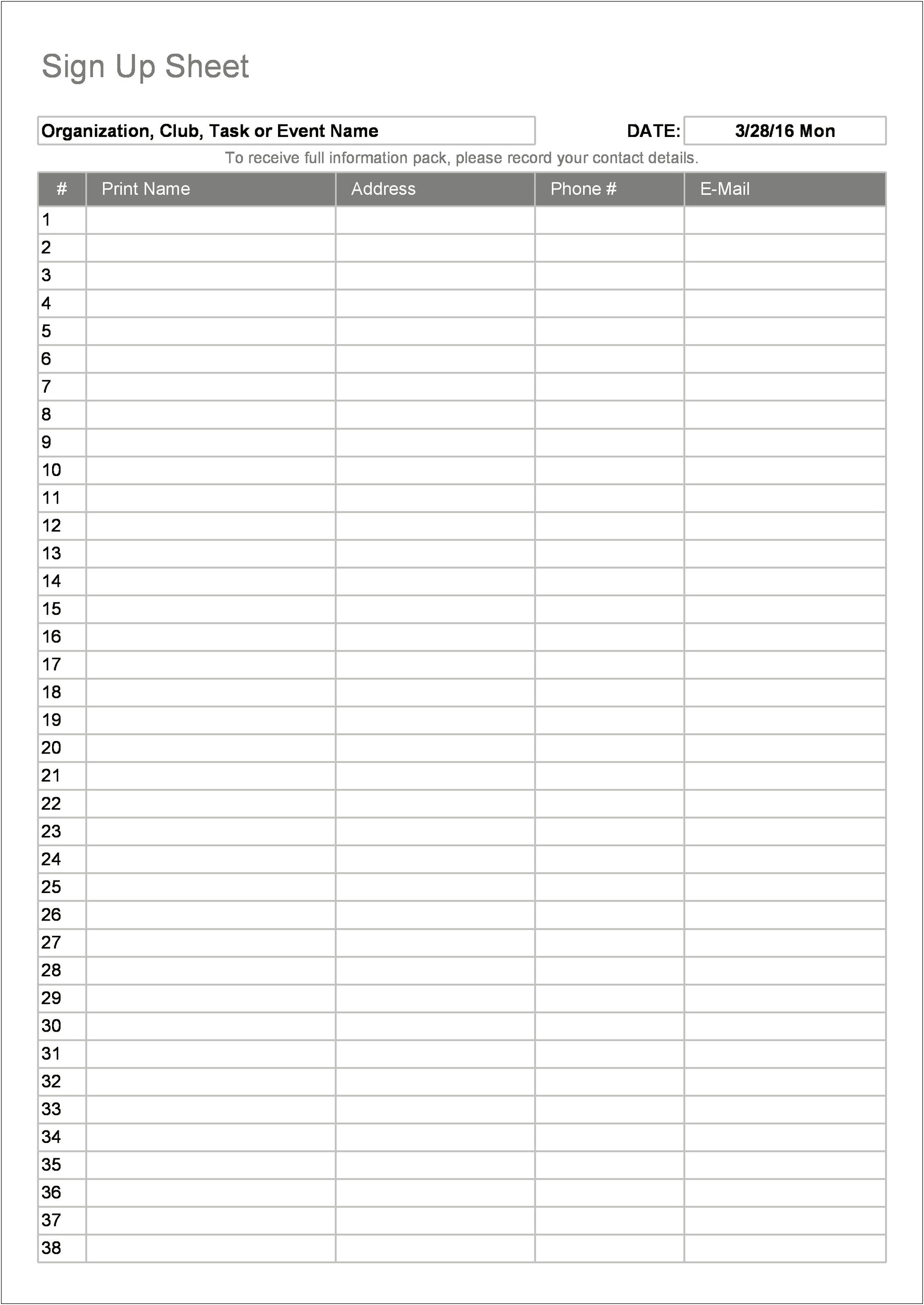 Email Sign In Sheet Free Pdf Template