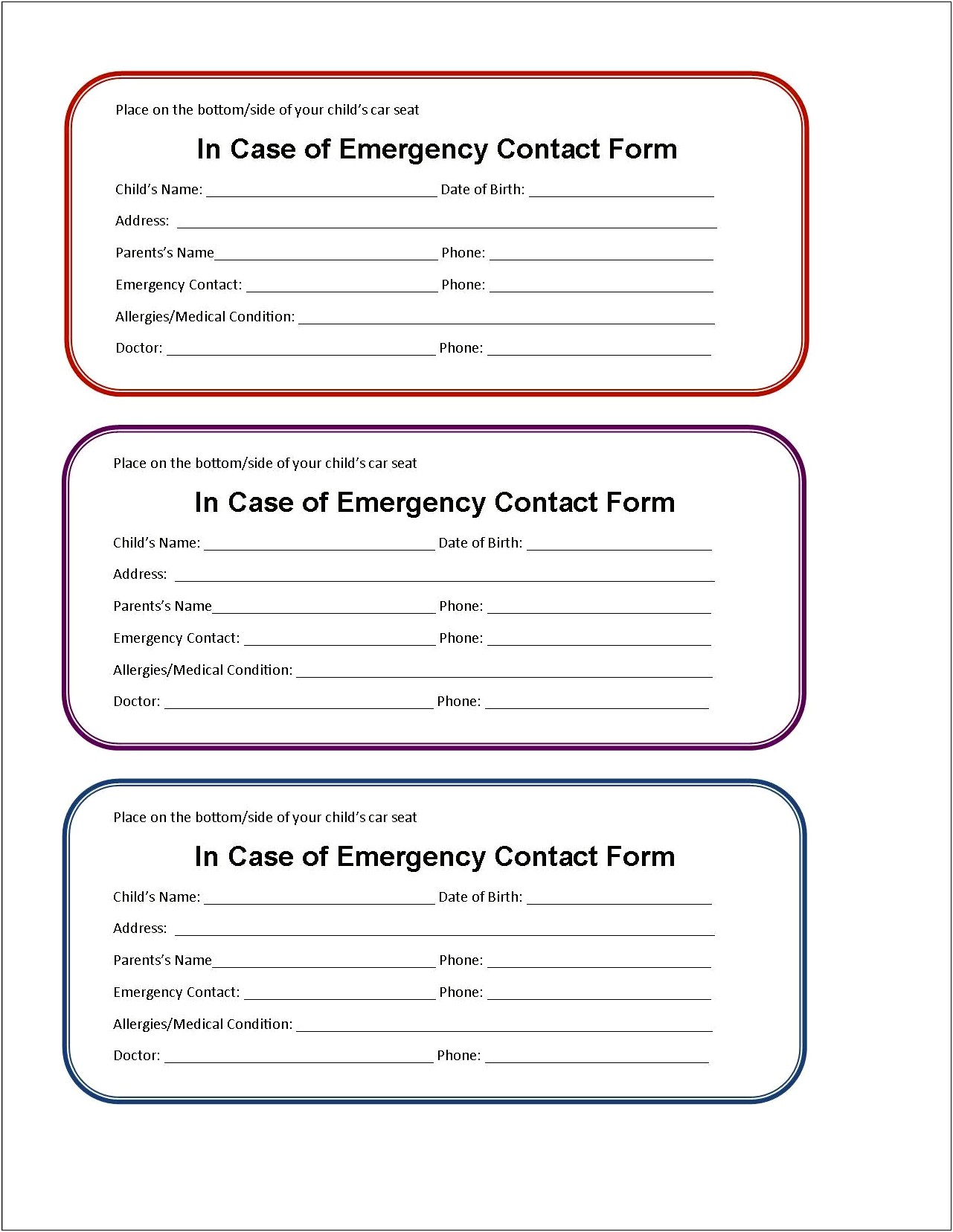 Emergency Contact Form Template For Child Free