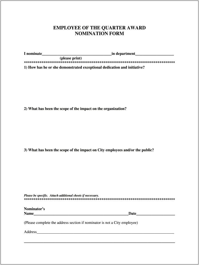 Employee Of The Month Nomination Template Free