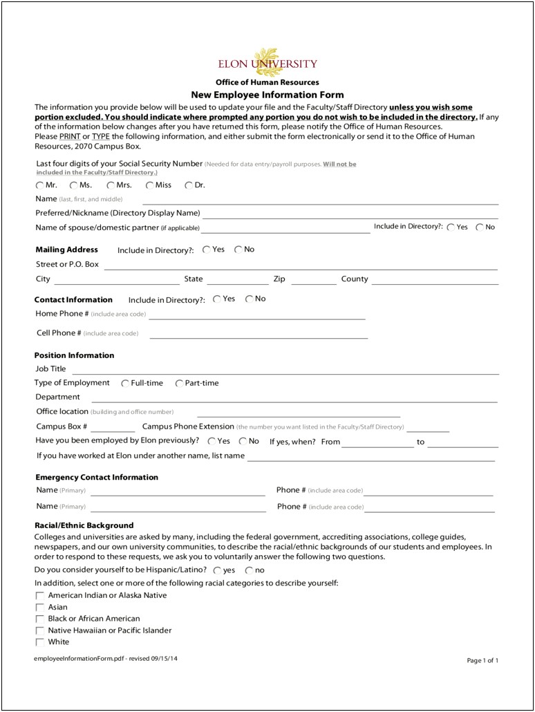 Employee Personal Information Form Template Free Download