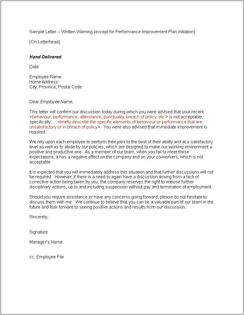 Employee Warning Letter Template Free Download