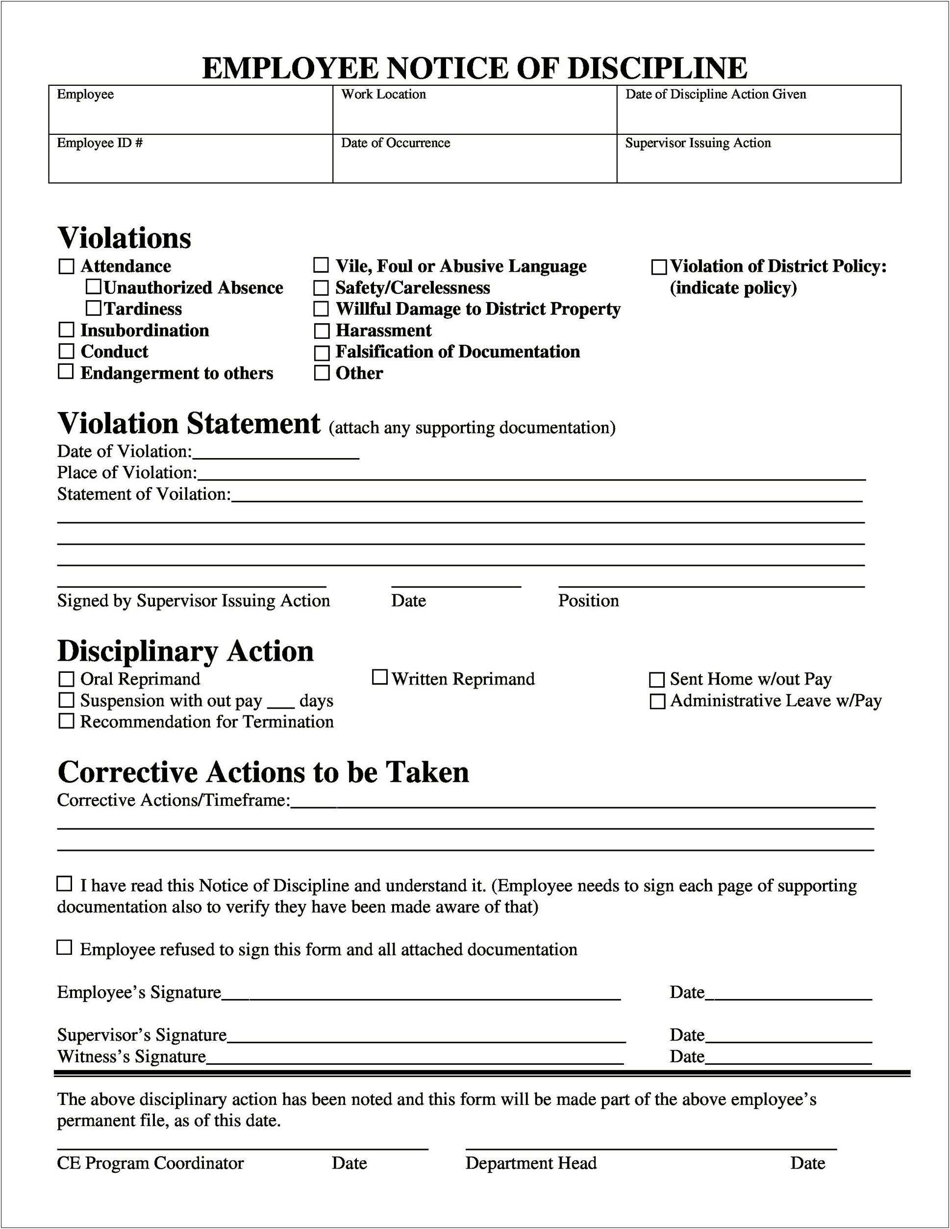 Employee Write Up Form Template Free