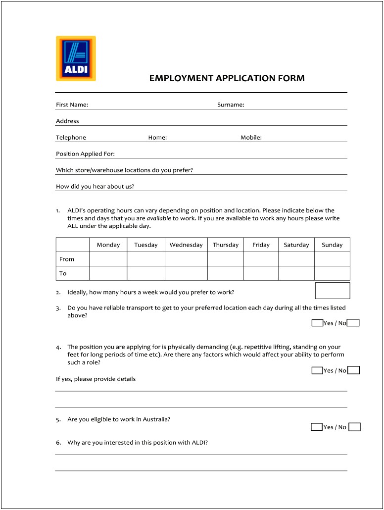 Employment Application Form Template Free Download Australia