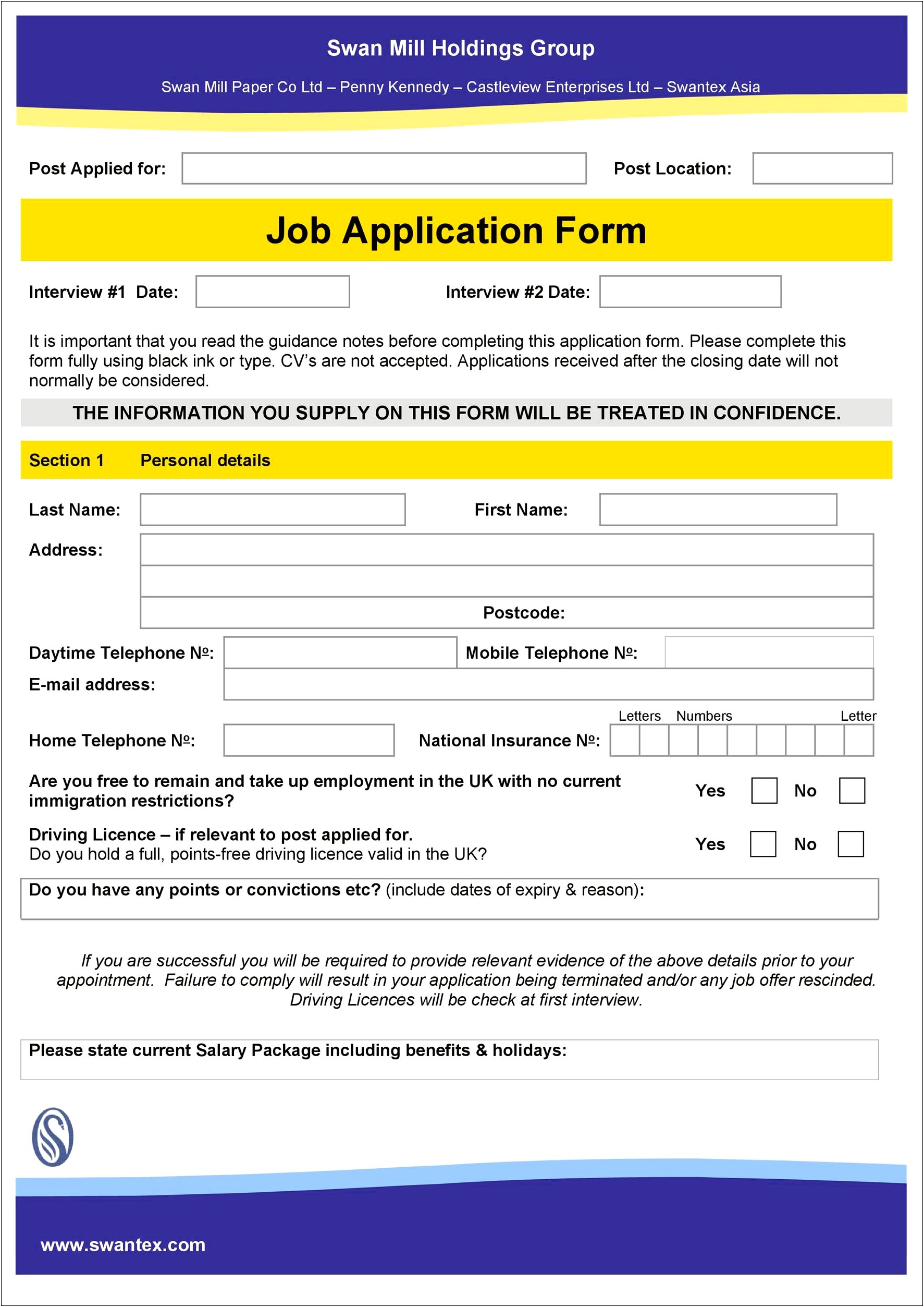 Employment Application Form Template Free Download