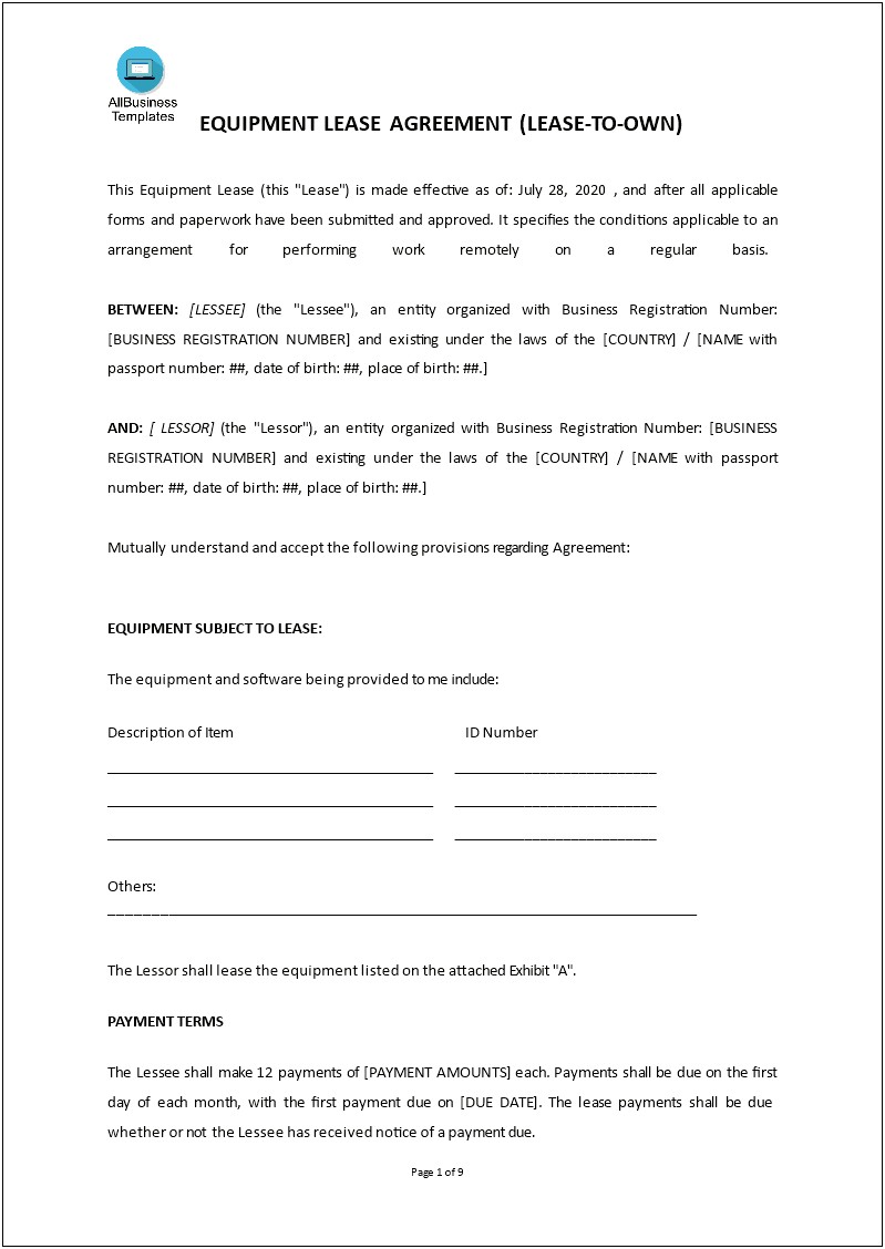 Equipment Lease To Own Agreement Template Free Download